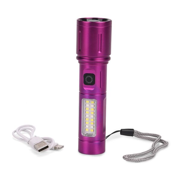 LIVMORE 6 in 1 LED-Taschenlampen aus Metall mit SOS Funktion, wiederaufladbar, 14x3,5 cm, Lila