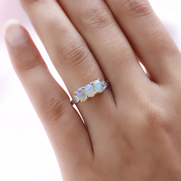 Nat&uuml;rlicher, &auml;thiopischer Opal und wei&szlig;er Diamant-Ring, 925 Silber platiniert, ca. 1,07 ct image number 3
