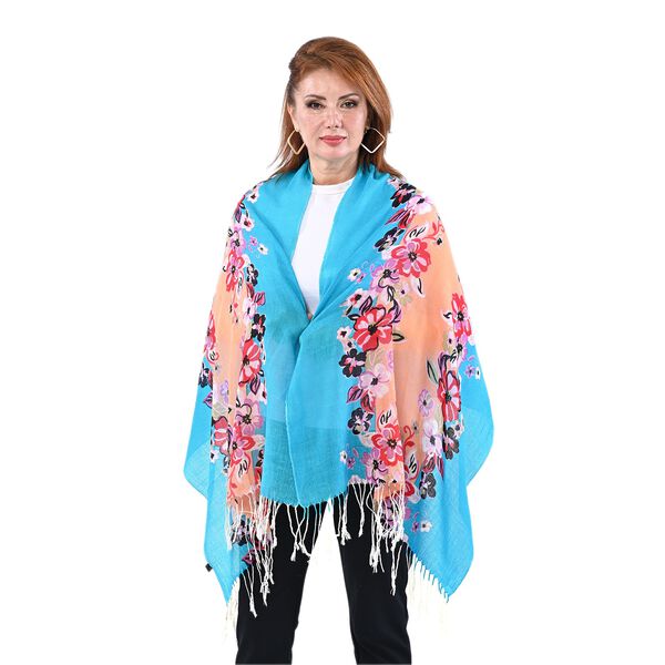 LA MAREY 100% Merino Wollschal mit Quasten, Blumenmuster, Gr&ouml;&szlig;e  67x176+9 cm, Blau image number 2