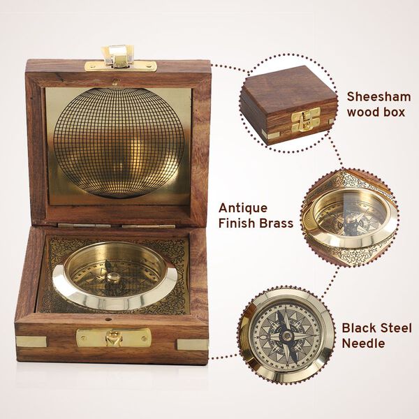 Indian Handycrafts: Handgemachtes Holzbox mit Messing Compass, Gold image number 6