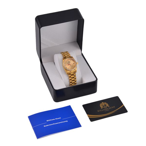 William Hunt - Moissanit-Akzentuhr, Schweizer Uhrwerk, Mineralglas und 5ATM Wasserresistenz, Edelstahl-Armband, goldfarben image number 8