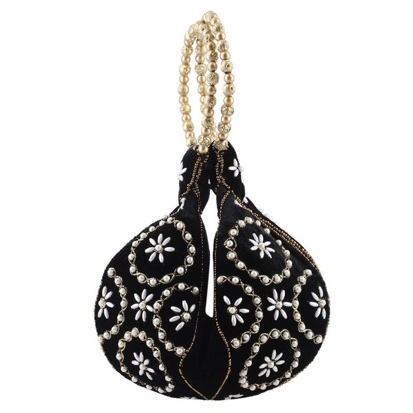 Handgefertigte Gl&uuml;ckskekstasche aus Samtbrokat mit Perlen, schwarz image number 4