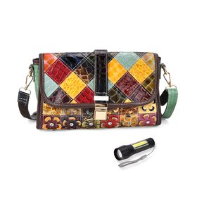 Chaos by Elsie Crossbody-Tasche aus echtem Leder, RFID-Schutz, Kroko-Prägung und Mini-Taschenlampe, 28x10x18 cm