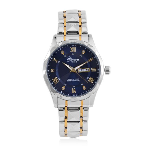 GENOA Kristall Quarzuhr, Blaues Zifferblatt, Edelstahlarmband, Bicolor image number 0