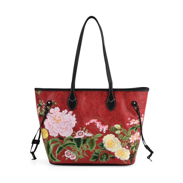 Bestickter Shopper, Kunstleder, Blumen Design, 46 x 15 x 28 cm, Rot image number 0