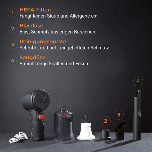 2-in-1 Staubsauger, 1200mAh Akku, inkl. USB-C Kabel, Saugdüse, Bürste, Blasdüse, Schwarz image number 3