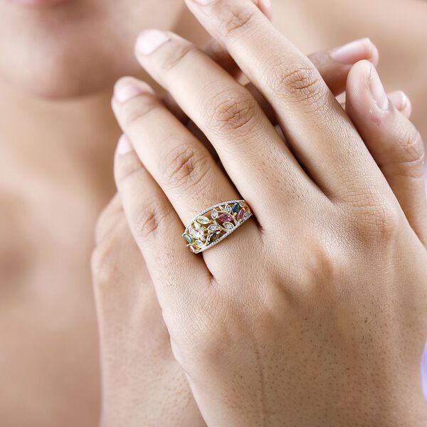 Mehrfarbiger Turmalin, Wei&szlig;er Zirkon Ring, 925 Silber Gelbgold Vermeil, (Gr&ouml;&szlig;e 18.00) ca. 1.06 ct image number 3