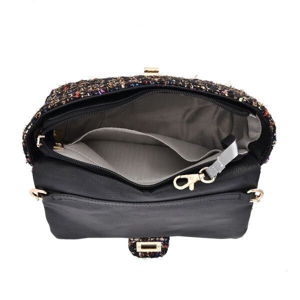 Umhängetasche aus 100% echtem Leder mit Bouclé-Stoff, Schwarz image number 6