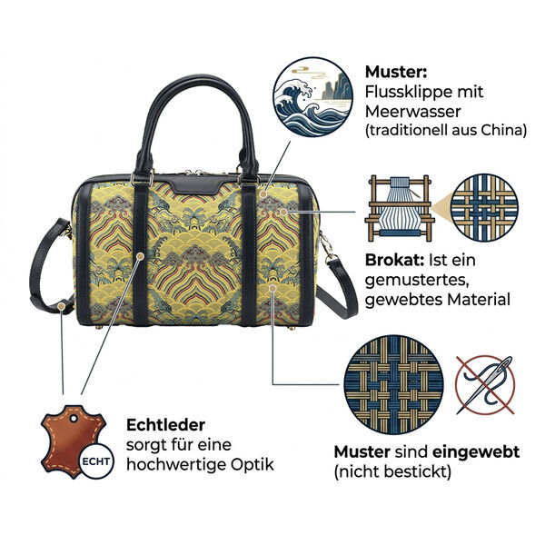 LA MAREY Brokat Crossbody Tasche aus Seide und Echtleder, 30x18x15cm, Gelb image number 3