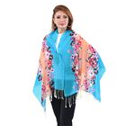 LA MAREY 100% Merino Wollschal mit Quasten, Blumenmuster, Größe  67x176+9 cm, Blau