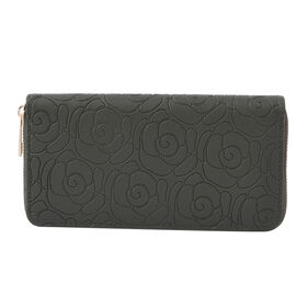 Lange Brieftasche aus naturfreundlichem Kunstleder, 19x2.5x10cm, florales Muster, Olive