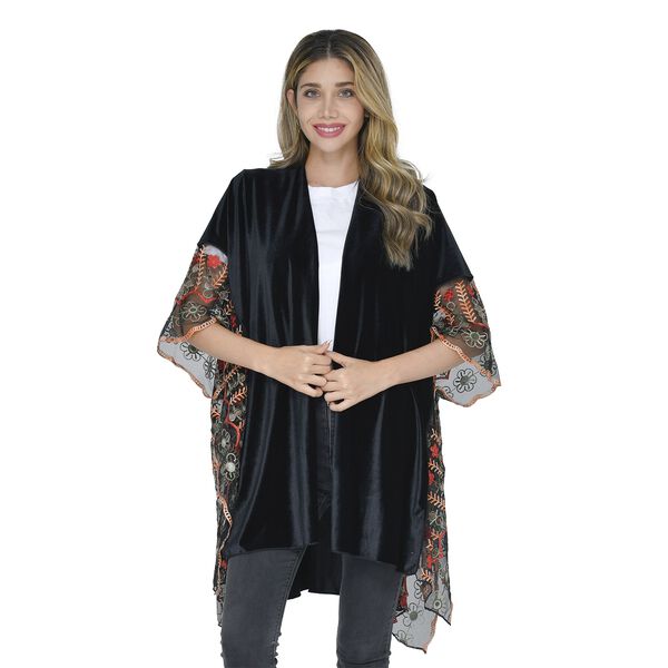 TAMSY - Kimono aus Samt mit Blumenstickerei, Einheitsgr&ouml;&szlig;e Schwarz