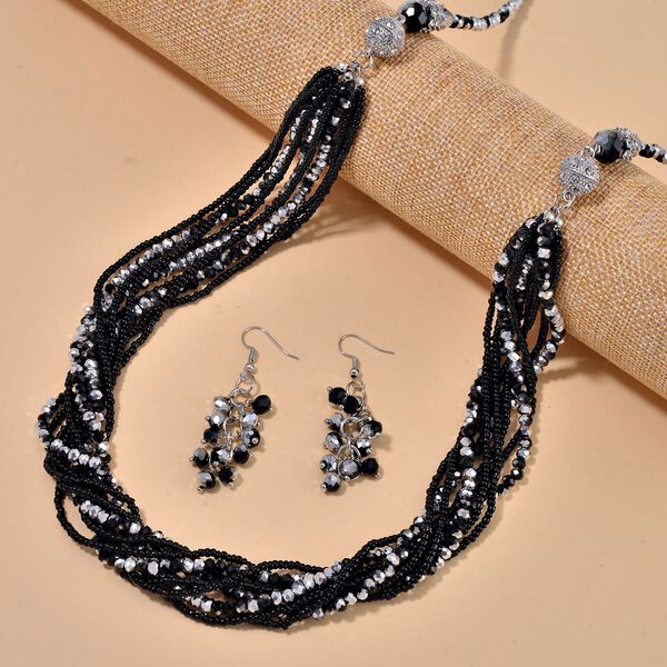 2er Set - mehrschichtiger Halsketten und Ohrringe, Schwarz-silberfarbene Kristallperlen und wei&szlig;e Kristalle image number 2