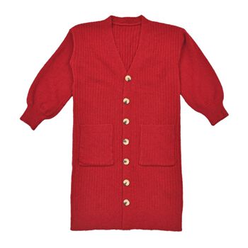 longline coatigan with bottonsMaterial: PBT26%, nylon 32%, acrylic 42%Size:50*90cmWeight:700gColor: red