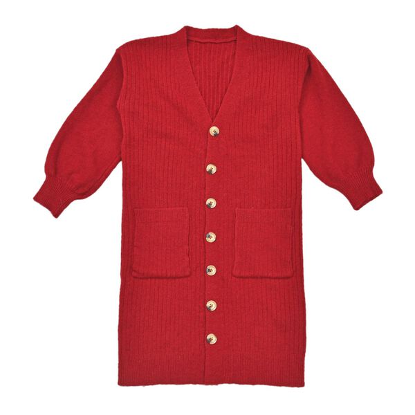 longline coatigan with bottonsMaterial: PBT26%, nylon 32%, acrylic 42%Size:50*90cmWeight:700gColor: red
