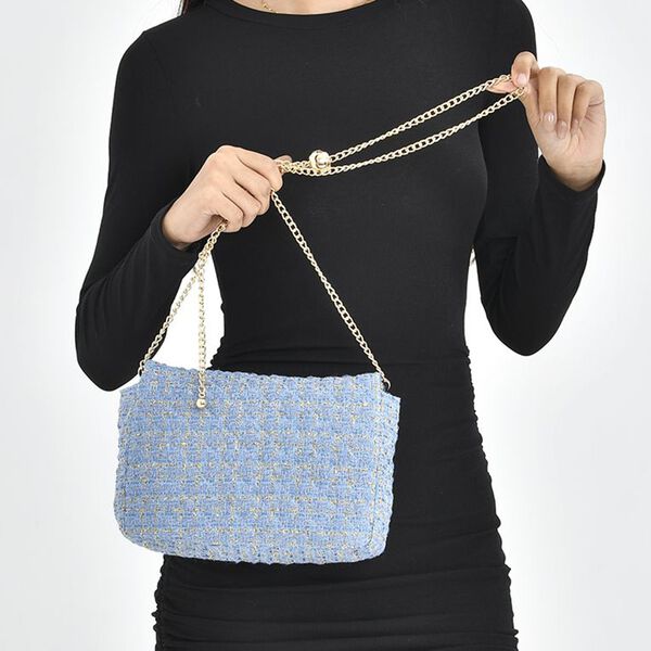 Umh&auml;ngetasche aus 100% echtem Leder mit Boucl&eacute;-Stoff, Blau image number 3