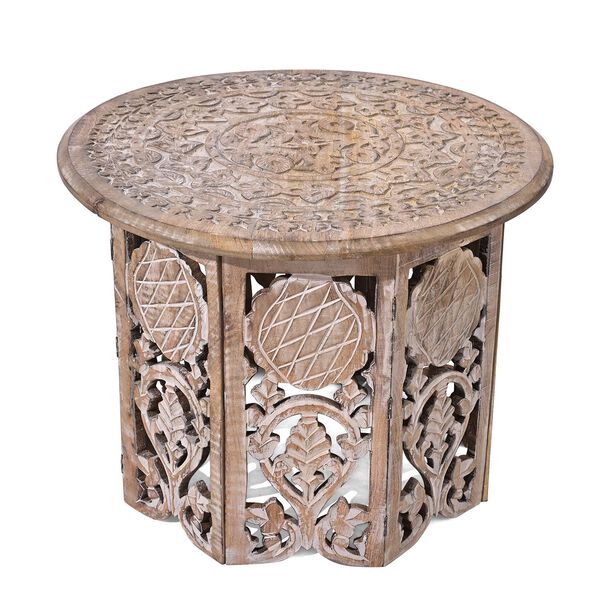 NAKKASHI Tisch Mangoholz handgeschnitzt sechseckig 68 x 68 x 49 cm Weiß image number 0