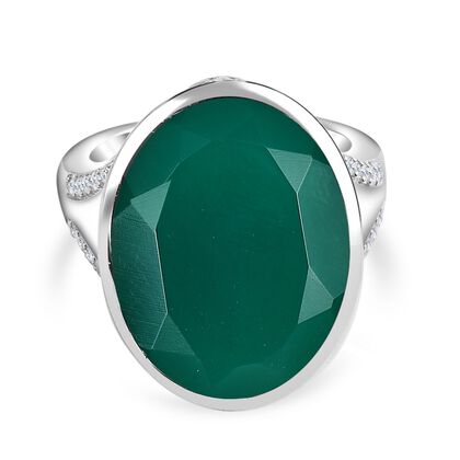 Verde Onyx, Wei&szlig;er Zirkon Ring 925 Silber platiniert (Gr&ouml;&szlig;e 17.00) ca. 14,78 ct