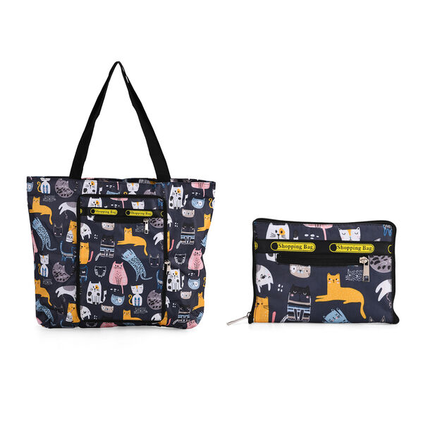 Faltbare Einkaufstasche aus wasserabweisendem Polyester, Katzendesign, 40x43 cm, Tragegriffe 22 cm, Mehrfarbig