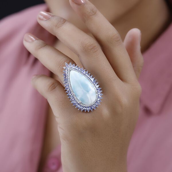AA Larimar, Tansanit Ring, 925 Silber platiniert (Größe 20.00) ca. 28.27 ct image number 3