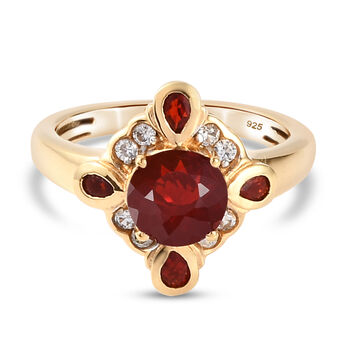 Mexikanischer Kirschfeuer-Opal und Zirkon Ring 925 Silber vergoldet (Gr&ouml;&szlig;e 16.00)