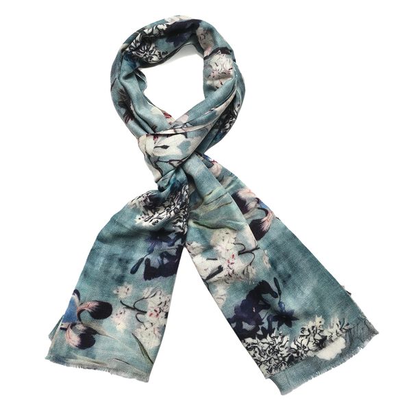 LA MAREY Schal aus 100% Premium-Kaschmir mit Digitaldruck, 70x200cm, graublau gebl&uuml;mt image number 10