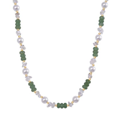 Wei&szlig;e Muschelkernperle (9-11 mm), Gr&uuml;ner Quarz Halskette, ca. 45 cm+ 5 cm Extender, vergoldet