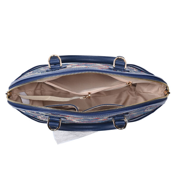 Brokat-Handtasche mit 100% Leder-Griffen, mit Jade-Quaste, florales Muster, Blau image number 4