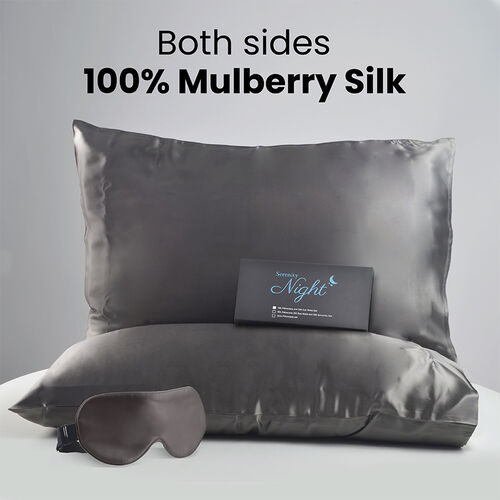 SERENITY NIGHT: 2er-Set - Kissenbezug und Augenmaske aus 100% Maulbeerseide, Schwarz  image number 1