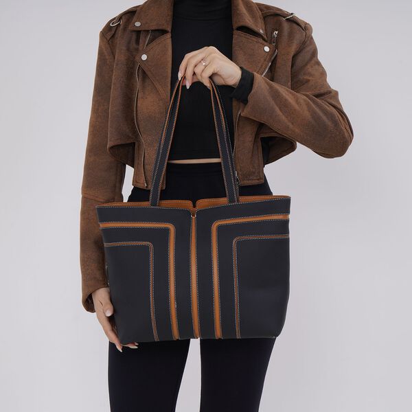 Echtleder Shopper, geometrisches Panel Design, 32x12x28, Schwarz image number 2