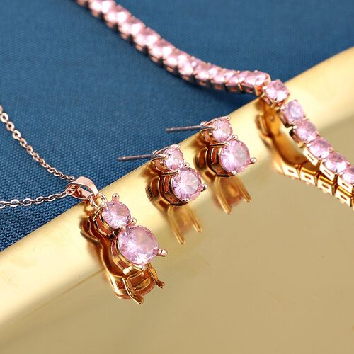 4er Set, Rosa Zirkonia Armband, Anhänger mit Kette und Ohrringen, Messing ca. 17,60 ct image number 1