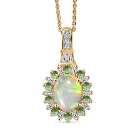 AA Natürlicher, äthiopischer Welo Opal, Tsavorite Granat Schmuckset 925 Silber 750 Gelbgold Vermeil ca. 1.84 ct