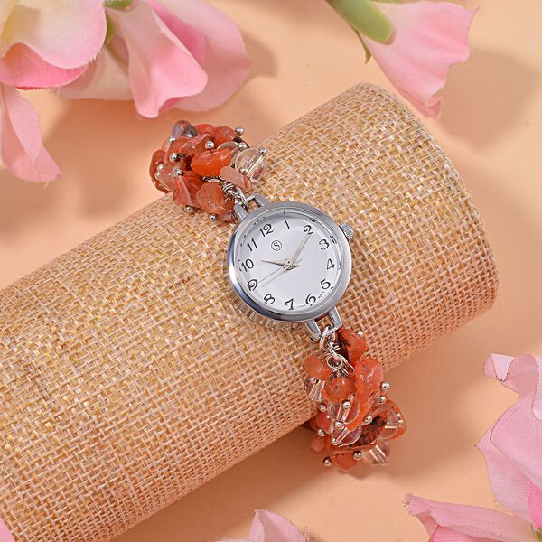 Strada Roter Achat-Perlenuhr, Japanisches Uhrwerk, Legierungsgeh&auml;use, Wei&szlig; mit schwarzen Ziffern image number 2