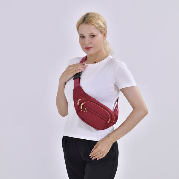 Multifunktionale RFID-geschützte Nylon Gürteltasche mit Schnellverschluss, 36x4x13cm, Burgund image number 2