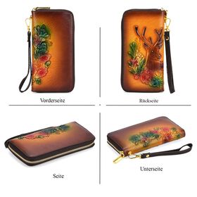 PU-Brieftasche mit geprägtem Hirsch- und Blumenmuster, 19x2,5x10cm, Hellbraun
