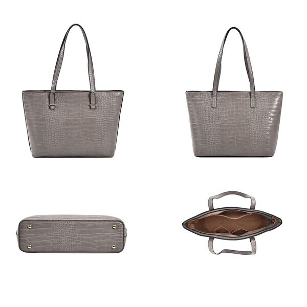 Passage - 4er-Set Handtaschen mit Krokodilpr&auml;gung; enth&auml;lt Tote Bag, Cross Body Bag, Clutch Bag und Portemonnaie, Grau image number 3