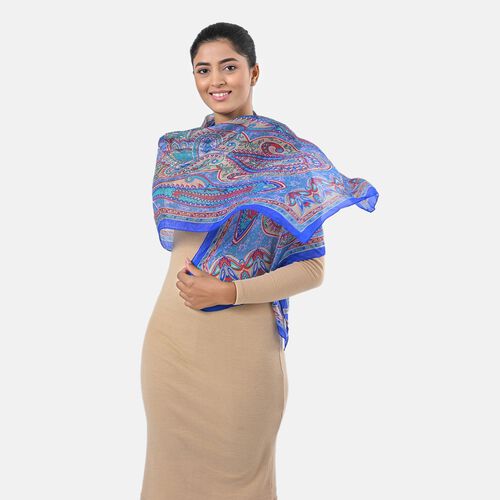 "Fabric - 100% Silk Printed Scarf Color - Blue  Size- 160 x 49 CM" image number 1