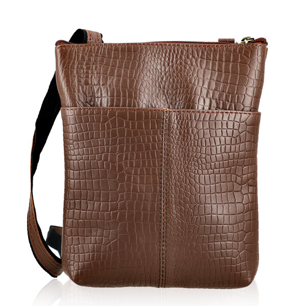 Echtleder Crossbody Tasche mit Kroko Prägung, Multi-Fächer, 20 x 24 cm, Cognac image number 5