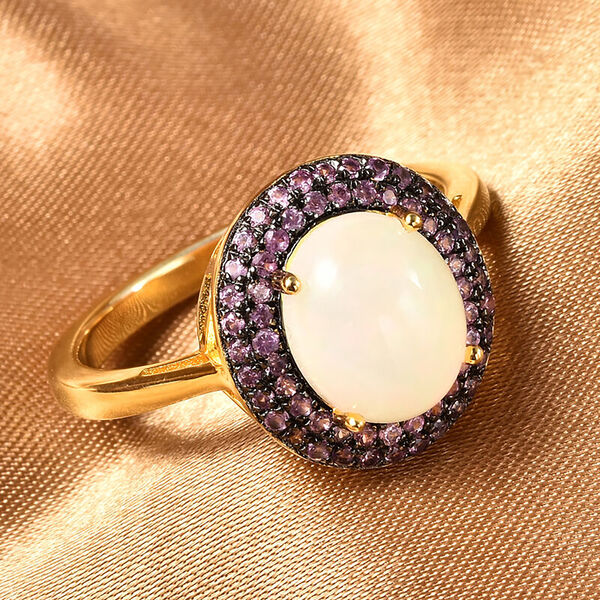 &Auml;thiopischer Opal und Rosa Saphir Halo Ring 925 Silber Gelbgold Vergoldet image number 1