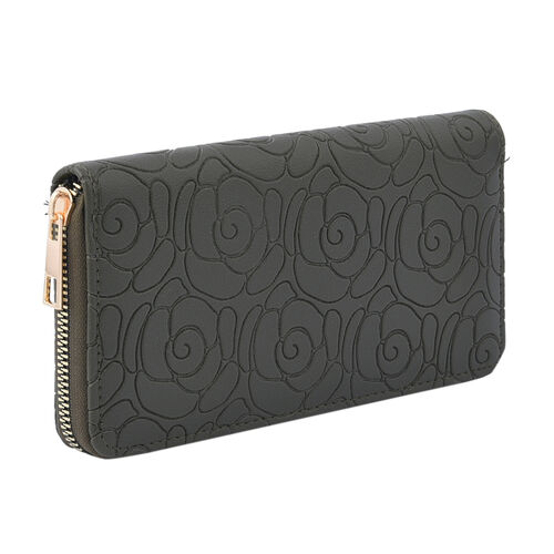 Lange Brieftasche aus naturfreundlichem Kunstleder, 19x2.5x10cm, florales Muster, Olive image number 1