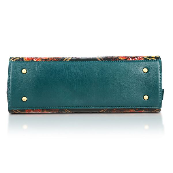 Handbemalte Satchel-Tasche aus 100% Echtleder mit kunstvoller Pr&auml;gung und Blumen-Design, 31x10x23cm, Gr&uuml;n image number 8