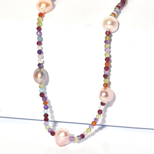 D'Joy Mehrfarbige S&uuml;&szlig;wasser Perle, Mehrfarbig Edelsteine Halskette ca. 60 cm 925 Silber Rhodiniert