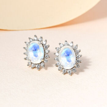 Regenbogen Mondstein, Wei&szlig;er Zirkon Ohrringe 925 Silber Platiniert ca. 2.38 ct