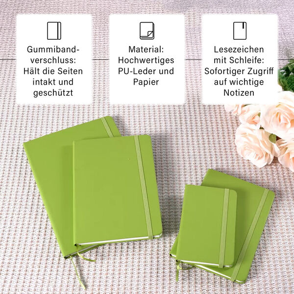 4-teiliges Notizbuch-Set mit Gummibandverschluss, Kunstleder und Papier, verschiedene Gr&ouml;&szlig;en, Gr&uuml;n image number 3