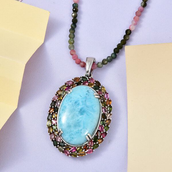 Larimar und mehrfarbiger Turmalin-Anh&auml;nger mit Kette - 79,50 ct. image number 2