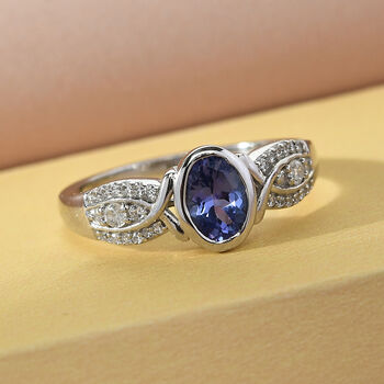 Tansanit und Zirkon-Ring, 925 Silber platiniert  ca. 1,09 ct