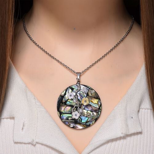 Abalone Muschel, Harz Anhänger mit Kette, Reiner Edelstahl, Silberfarben image number 1