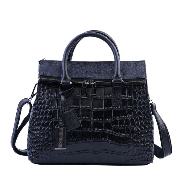 Schultertasche aus 100% echtem Leder mit Kroko-Pr&auml;gung und abnehmbarem Riemen, Schwarz&nbsp;