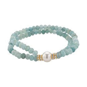 Weiße Muschelkernperle (9-11 mm) Armband mit Blauem Quarzit und Weißem Kristall, flexibel, Goldfarben