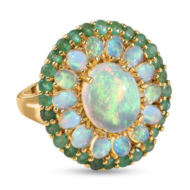 Natürlicher, äthiopischer Welo Opal, und sambischer Smaragd-Ring - 5,24 ct.